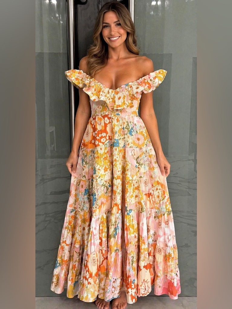 Beulah One-Shoulder Floral Maxi Dress In Peach, Yellow And Cream
